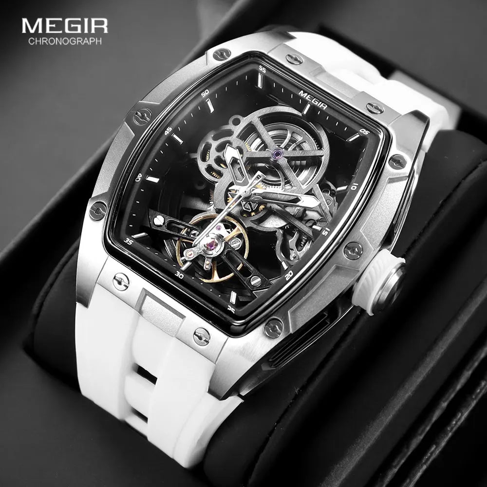 MEGIR Men's Automatic Mechanical Watch with Stainless Steel Case Silicone Band Skeleton Dial Waterproof Sport Wristwatch