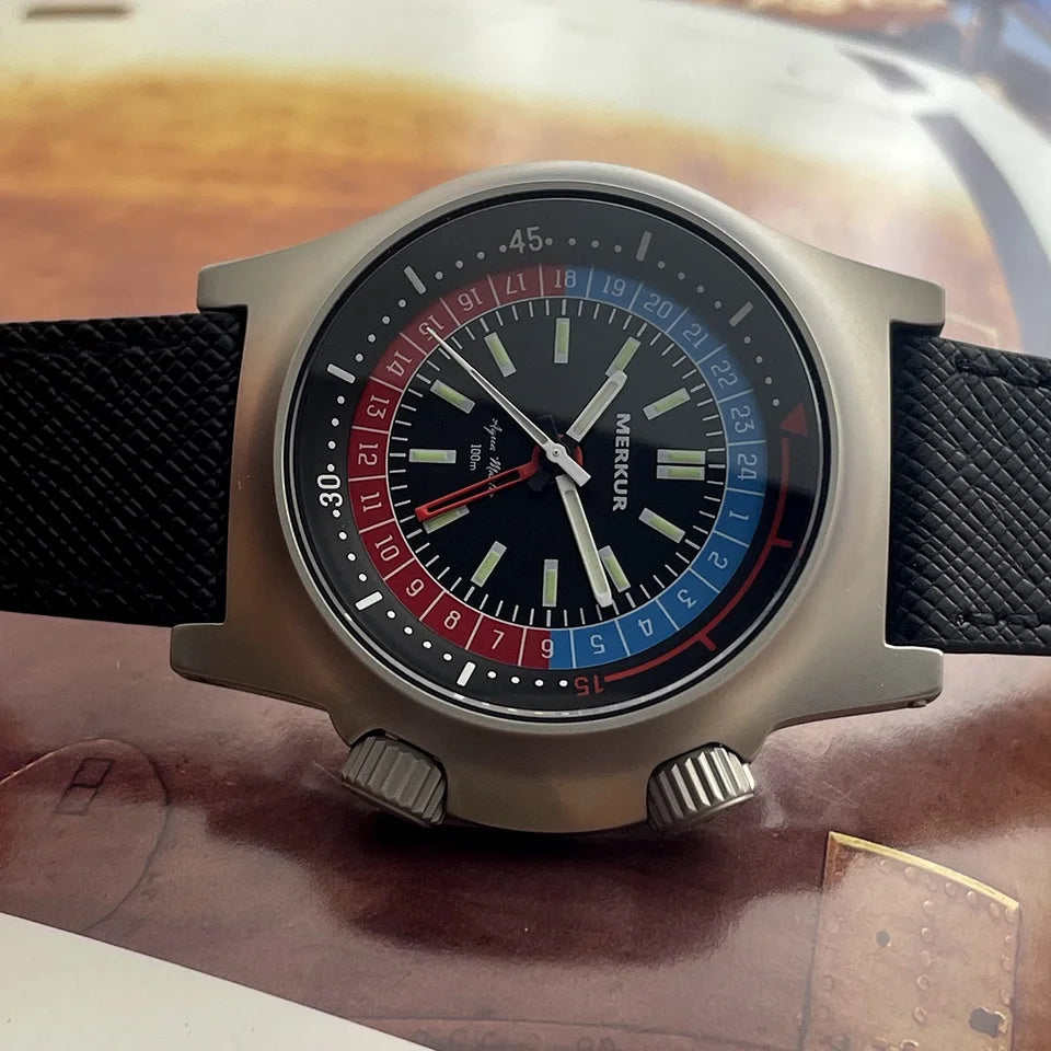 NEW Merkur Dual Crown Pilot Skin Diving Watch 100m Retro Manual Mechanical Watches for Men Watch Vintage 42mm Reloj Hombre