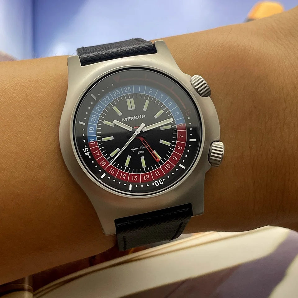 NEW Merkur Dual Crown Pilot Skin Diving Watch 100m Retro Manual Mechanical Watches for Men Watch Vintage 42mm Reloj Hombre