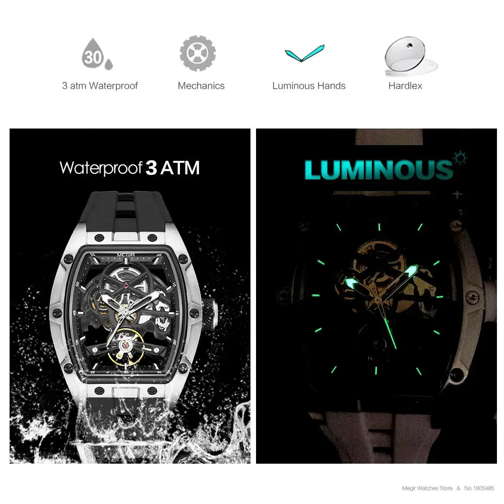 MEGIR Men's Automatic Mechanical Watch with Stainless Steel Case Silicone Band Skeleton Dial Waterproof Sport Wristwatch