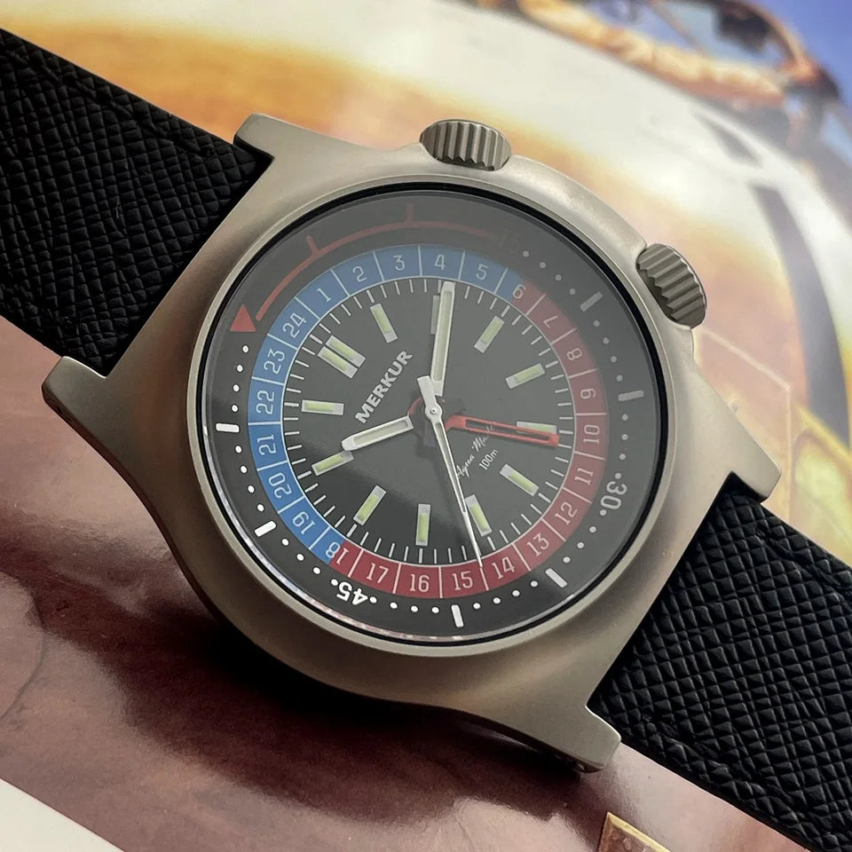 NEW Merkur Dual Crown Pilot Skin Diving Watch 100m Retro Manual Mechanical Watches for Men Watch Vintage 42mm Reloj Hombre